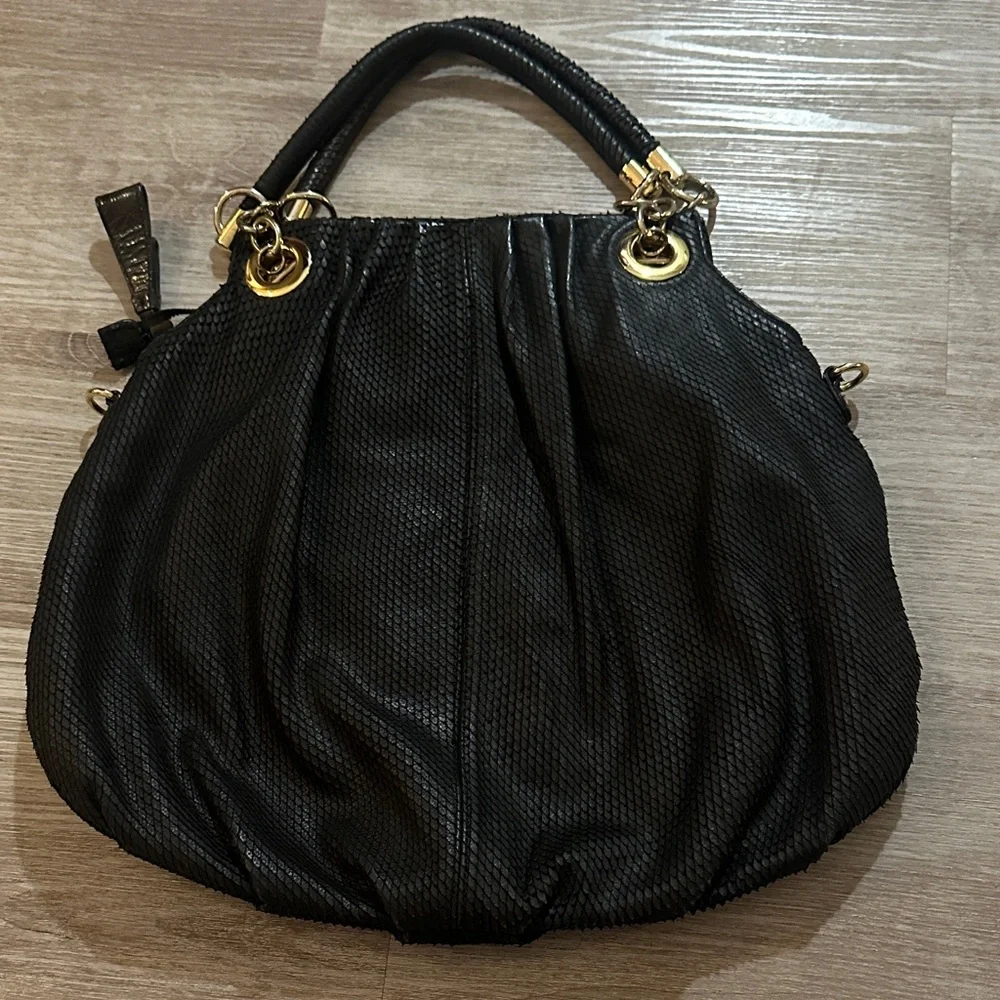 Cynthia Rowley Black Textured Leather Shoulder Bag with Gold Accents - Picture 1 of 10